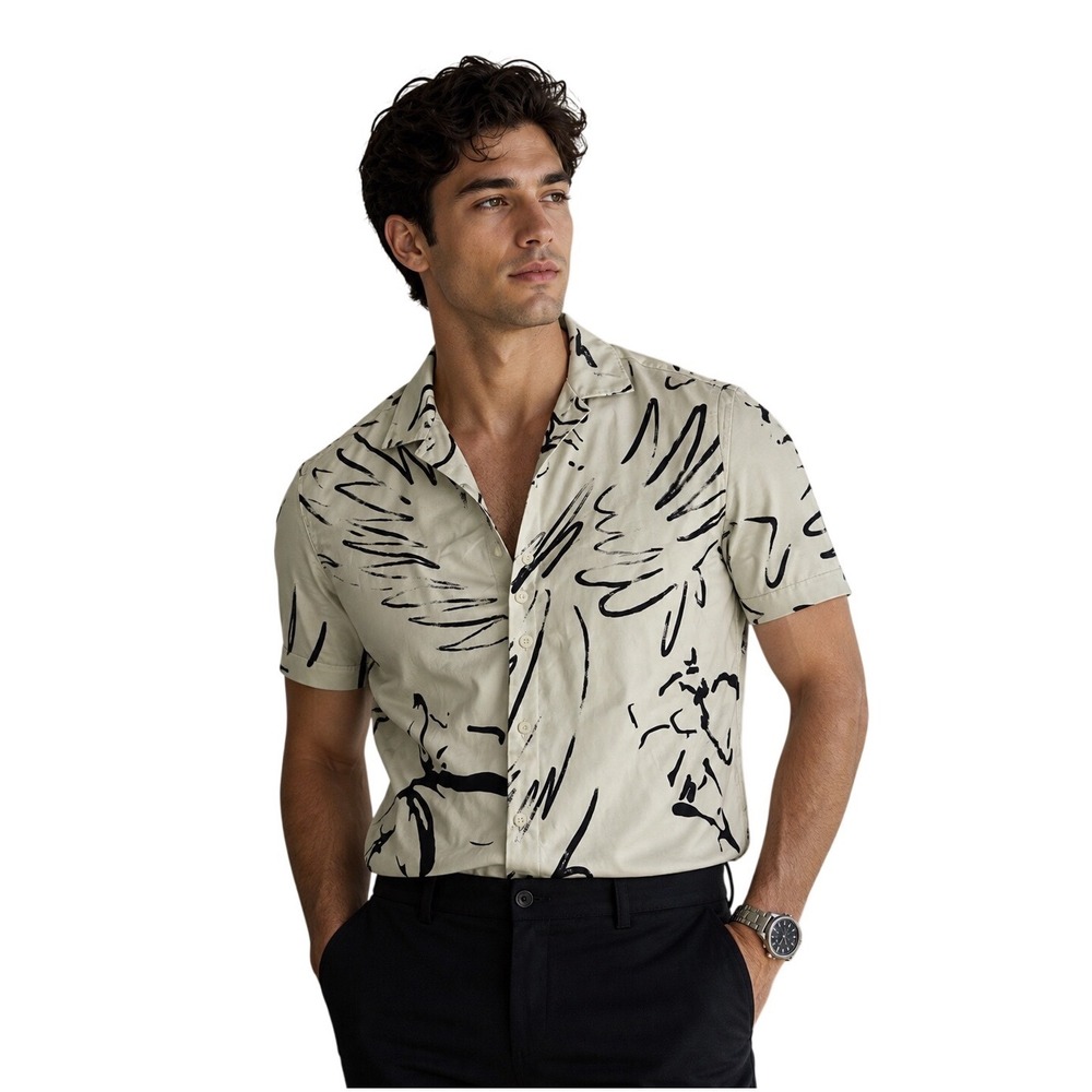 Zara Man Abstract Brushstroke Print Short Sleeve Button Up Shirt Beige Black S
